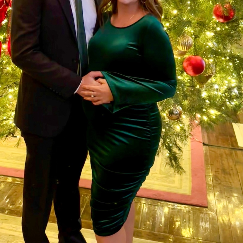 Pink Blush-Forest Green Velvet Ruched Bell Sleeve Maternity Dress-MED - Picture 5 of 5